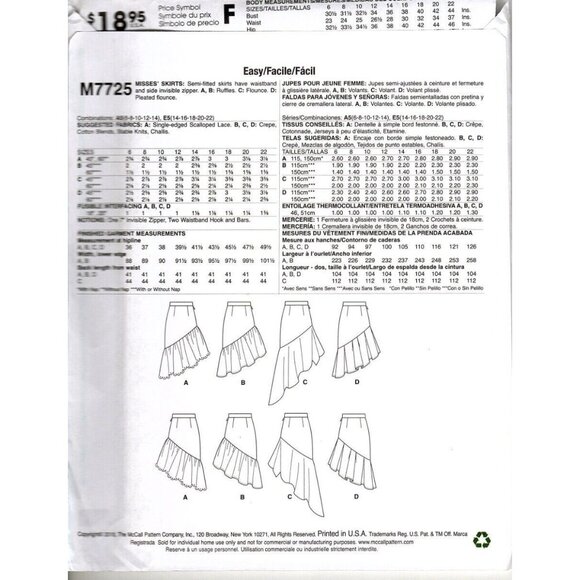 McCall's M7725 Misses 14 to 22 Asymmetrical  Skirts Sewing Pattern New - Picture 2 of 2